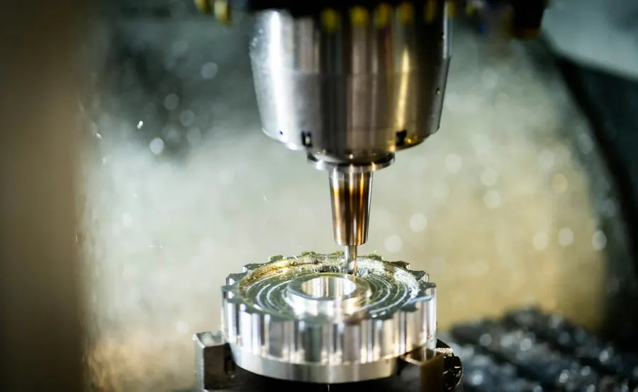 A CNC machine's cutting tool above a metal part