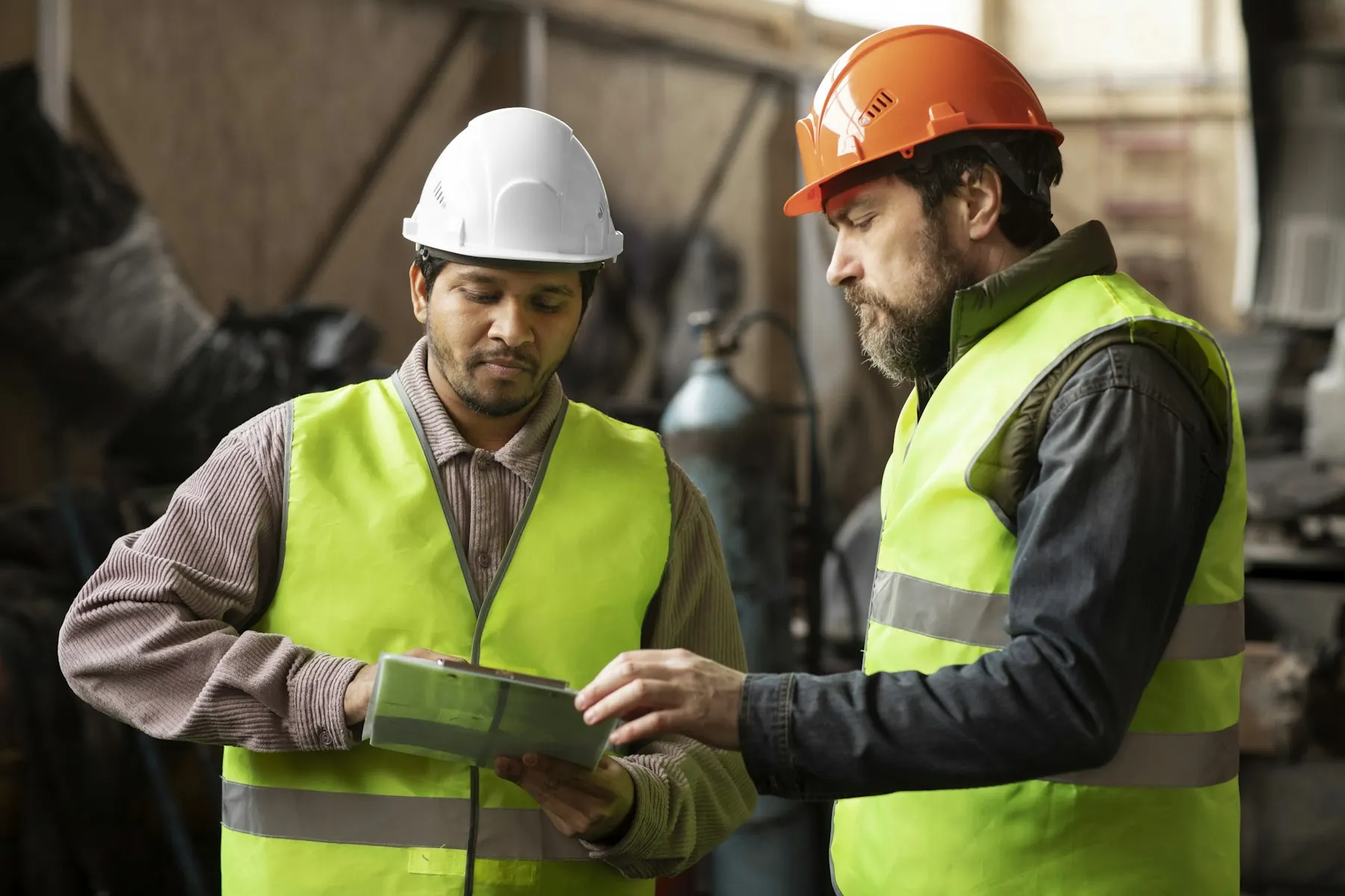 Two workers in hard hats and safety vests look over a part together